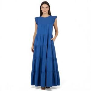 La Ven Maxi Dress With Pockets Size M Blue Tiered Ruffle Modest Cottagecore Boho